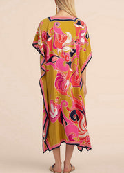 Long Kaftan Bohemian Printed Bikini Cover Ups Sexy Yellow V Neck