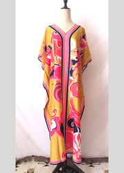 Long Kaftan Bohemian Printed Bikini Cover Ups Sexy Yellow V Neck