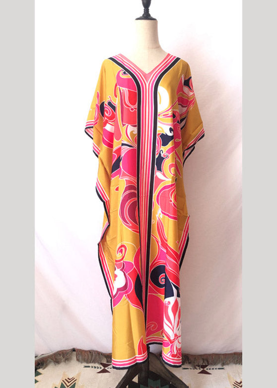 Long Kaftan Bohemian Printed Bikini Cover Ups Sexy Yellow V Neck