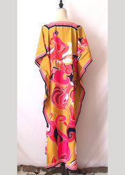 Long Kaftan Bohemian Printed Bikini Cover Ups Sexy Yellow V Neck