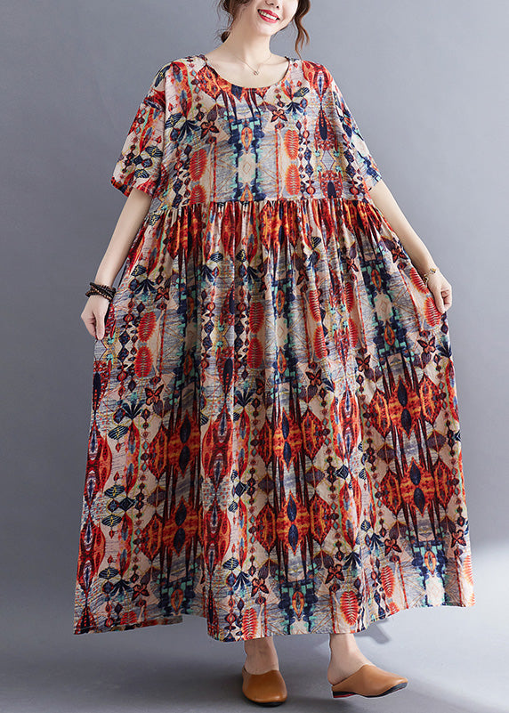 Long Red O-Neck Patchwork Cozy Cotton Maxi Dresses Summer