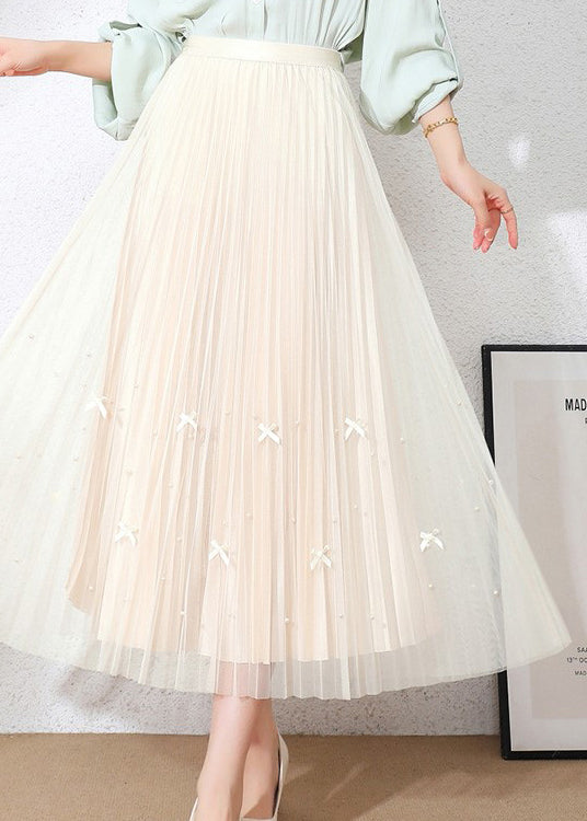 Loose Apricot Bow Elastic Waist Patchwork Tulle Pleated Skirts Summer