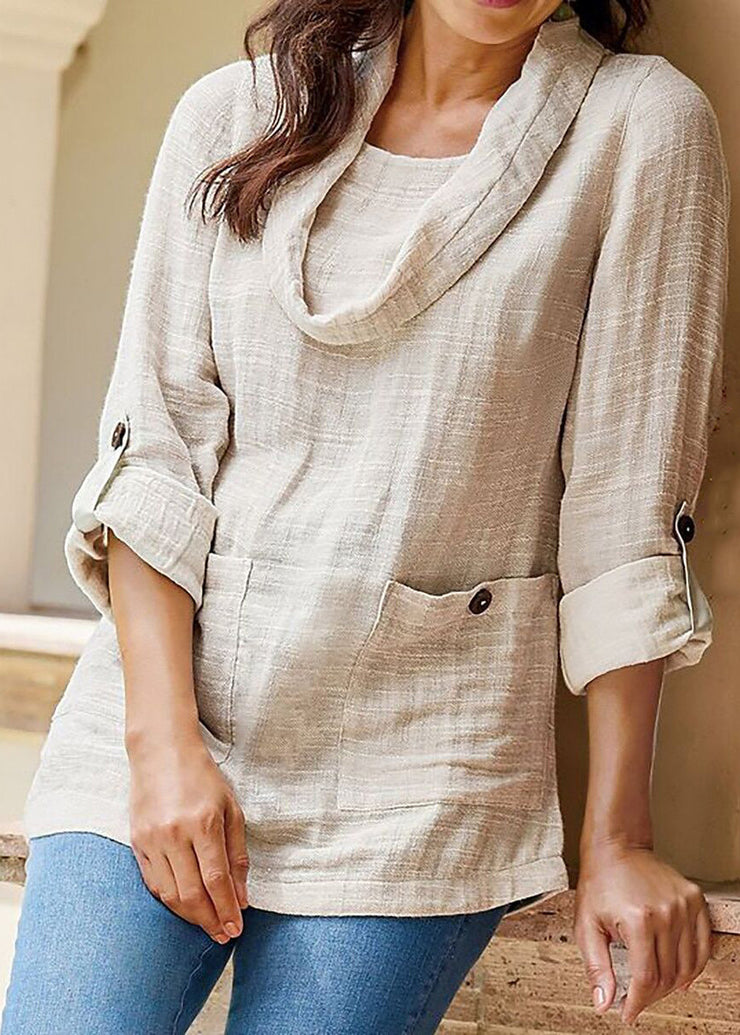 Loose Apricot Button Pockets Linen Shirt Long Sleeve