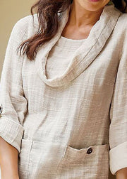 Loose Apricot Button Pockets Linen Shirt Long Sleeve