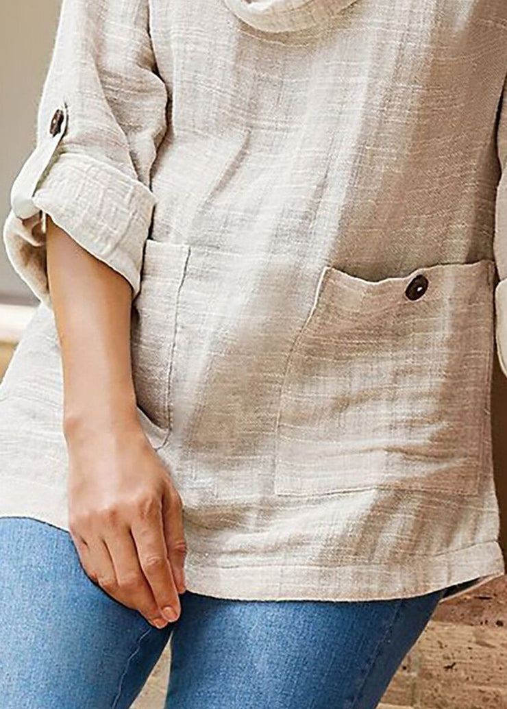 Loose Apricot Button Pockets Linen Shirt Long Sleeve