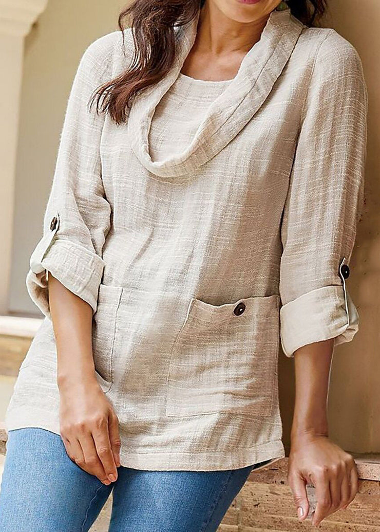 Loose Apricot Button Pockets Linen Shirt Long Sleeve