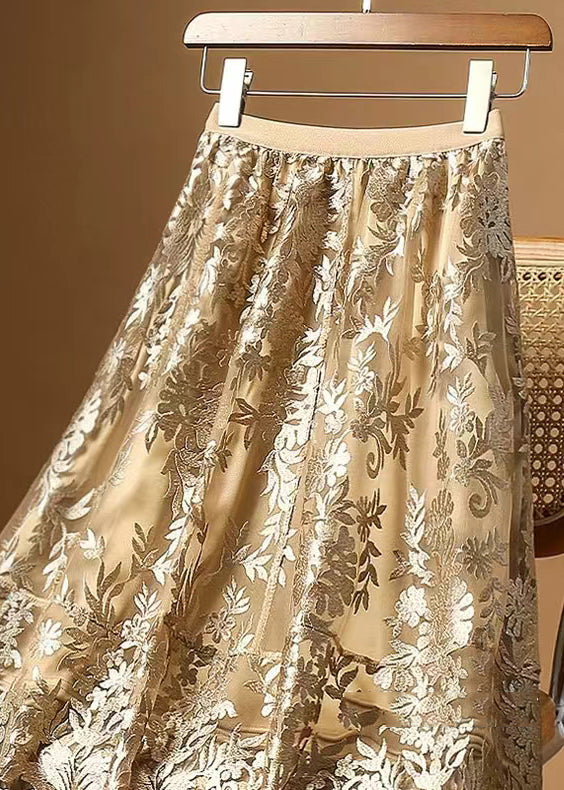 Loose Apricot Embroidered High Waist Tulle Skirt Summer