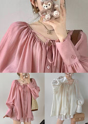 Loose Apricot Lace Up Button Cotton Shirt Long Sleeve