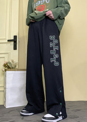 Loose Apricot Letter Button Side Open Warm Fleece Mens Pants Winter