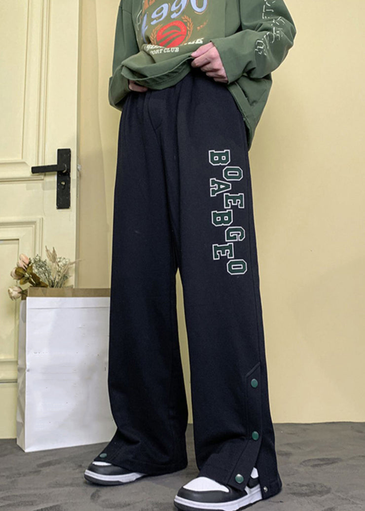 Loose Apricot Letter Button Side Open Warm Fleece Mens Pants Spring