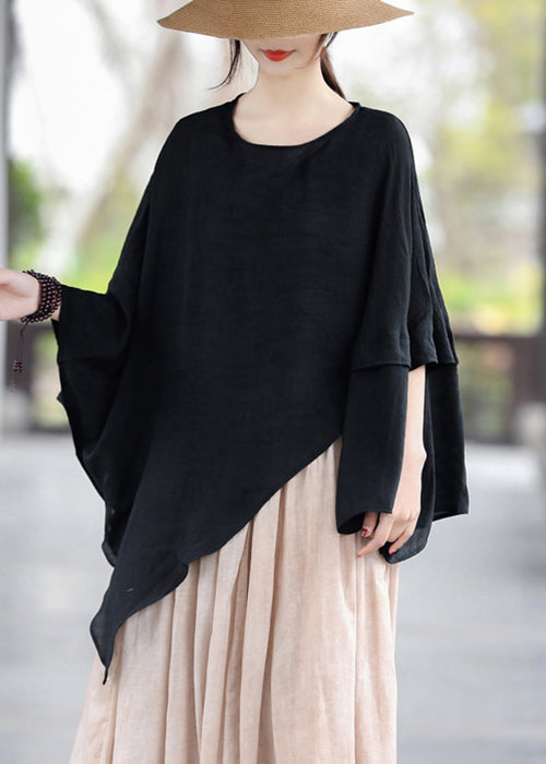 Loose Apricot O-Neck Asymmetrical Cotton Tops Batwing Sleeve