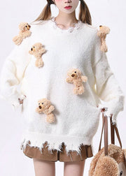 Loose Apricot O Neck Cartoon Decorated Ripped Knit Sweaters Spring