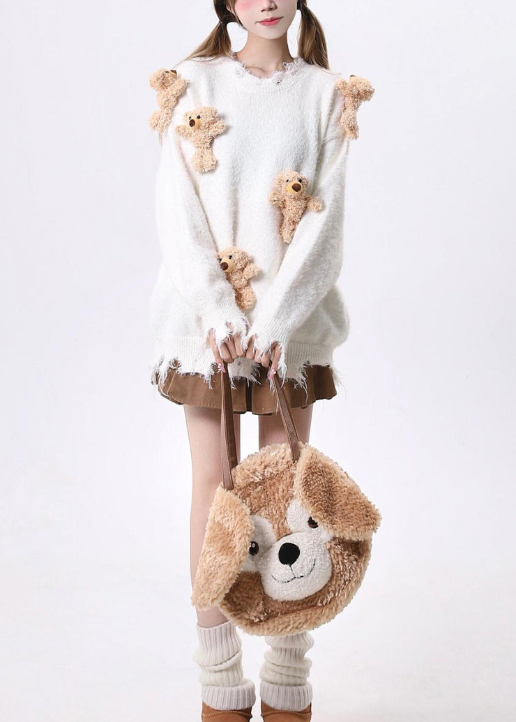 Loose Apricot O Neck Cartoon Decorated Ripped Knit Sweaters Spring