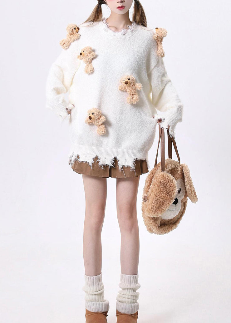 Loose Apricot O Neck Cartoon Decorated Ripped Knit Sweaters Spring