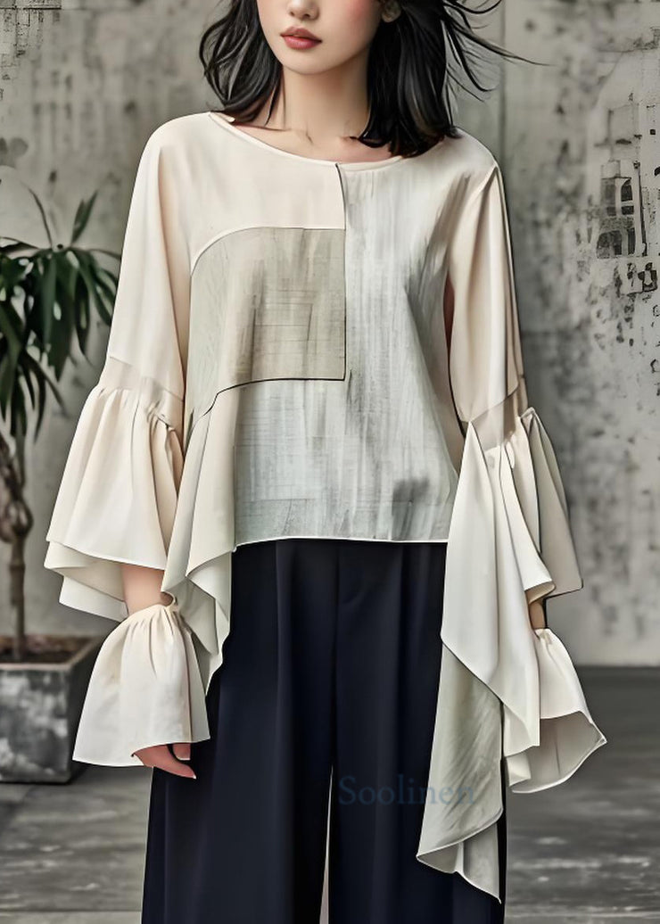 Loose Apricot O Neck Patchwork Cotton Top Flare Sleeve
