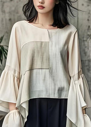 Loose Apricot O Neck Patchwork Cotton Top Flare Sleeve