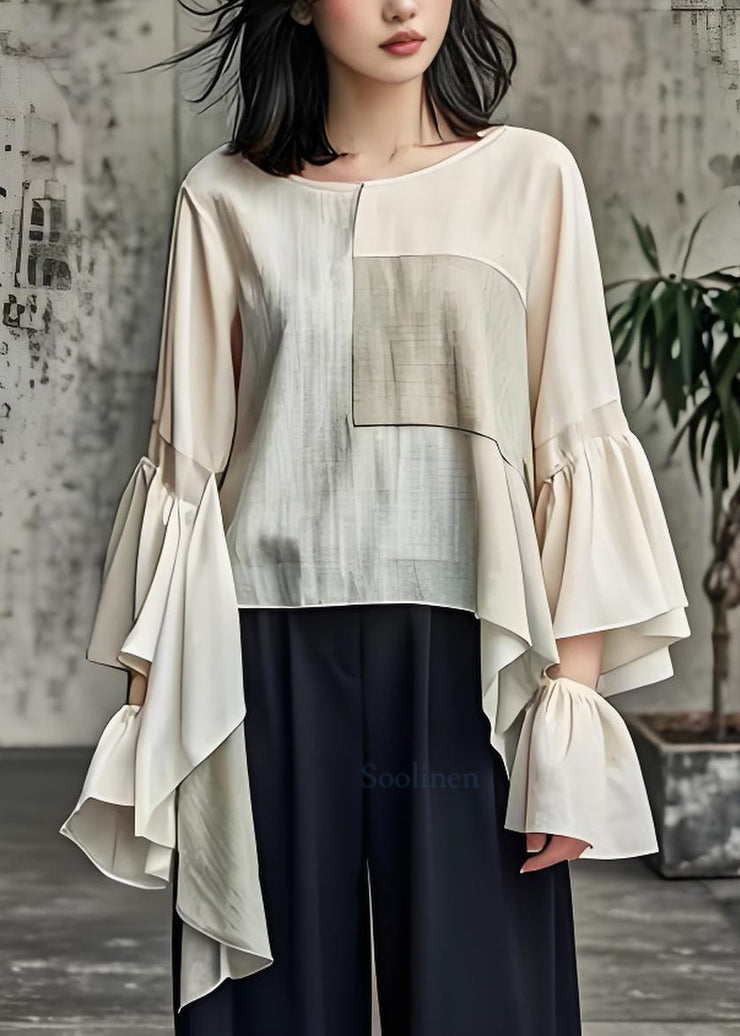 Loose Apricot O Neck Patchwork Cotton Top Flare Sleeve