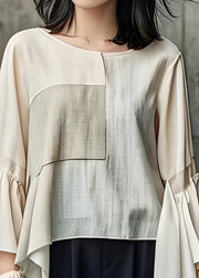 Loose Apricot O Neck Patchwork Cotton Top Flare Sleeve