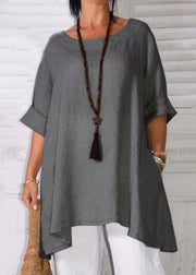 Loose Apricot O Neck Pockets Linen T Shirts Half Sleeve