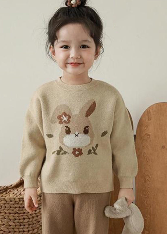 Loose Apricot O-Neck Print Cotton Knit Kids Sweater Spring