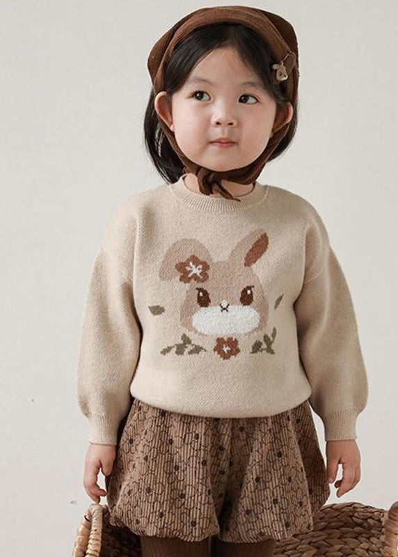 Loose Apricot O-Neck Print Cotton Knit Kids Sweater Spring