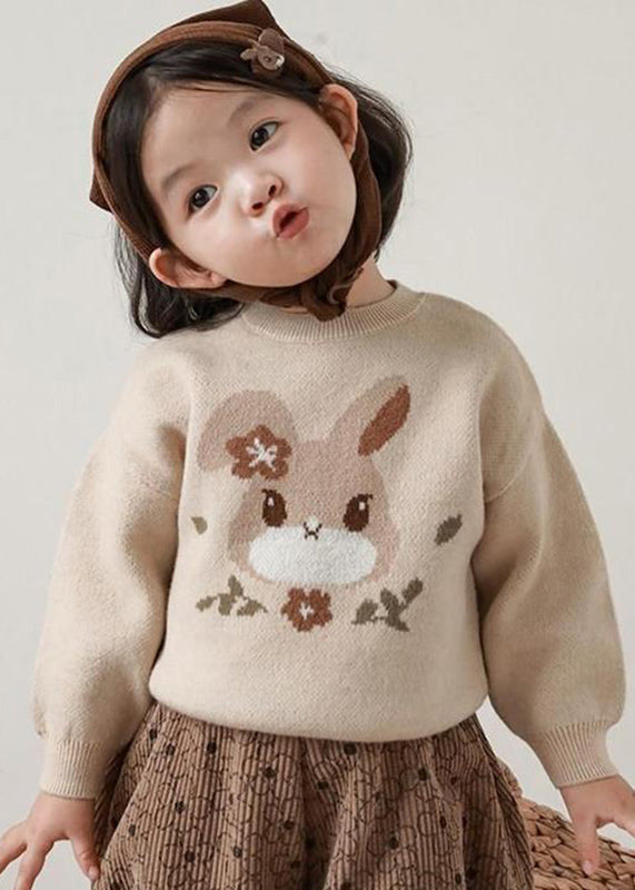 Loose Apricot O-Neck Print Cotton Knit Kids Sweater Spring