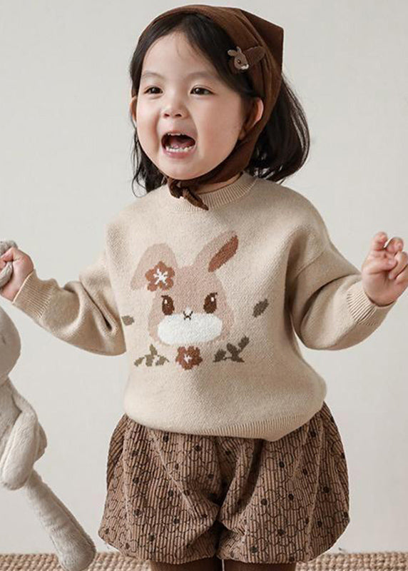 Loose Apricot O-Neck Print Cotton Knit Kids Sweater Spring