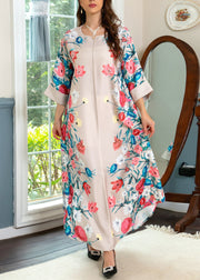 Loose Apricot O Neck Print Cotton Robe Dresses Spring