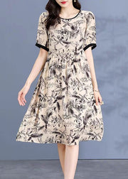 Loose Apricot O Neck Print Silk Dress Short Sleeve