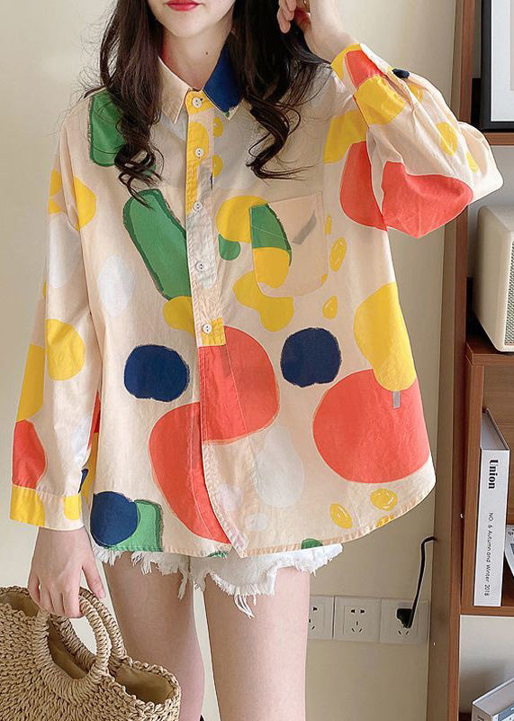 Loose Apricot Peter Pan Collar Print Button Cotton Shirt Spring