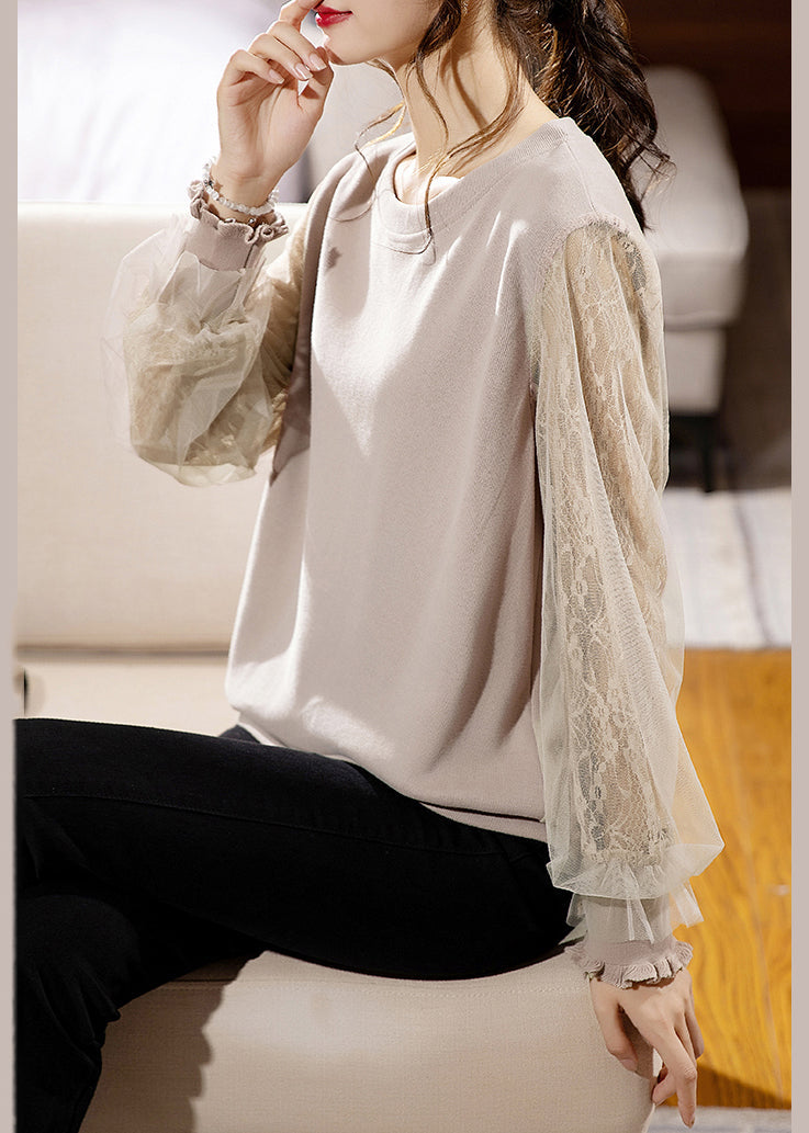 Loose Apricot Ruffled Lace Patchwork Cotton Sweatshirt Fall