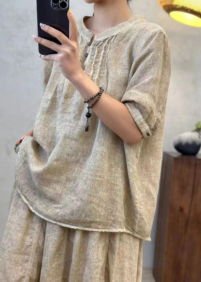 Loose Apricot Stand Collar Button Cotton Top Summer