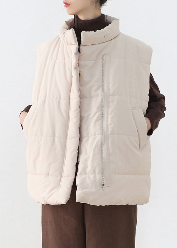 Loose Apricot Stand Collar Zippered Warm Thick Parka Waistcoat Winter