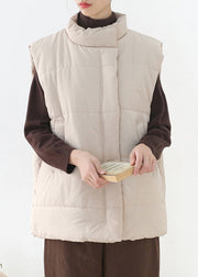 Loose Apricot Stand Collar Zippered Warm Thick Parka Waistcoat Winter