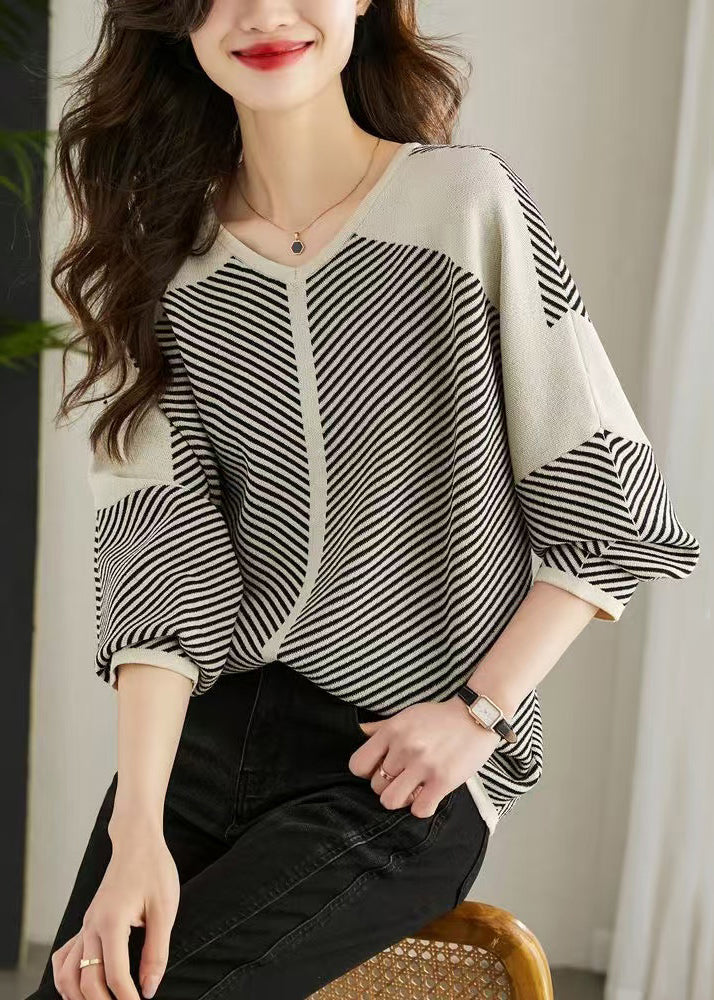 Loose Apricot Striped Patchwork Knit Sweaters V Neck Spring