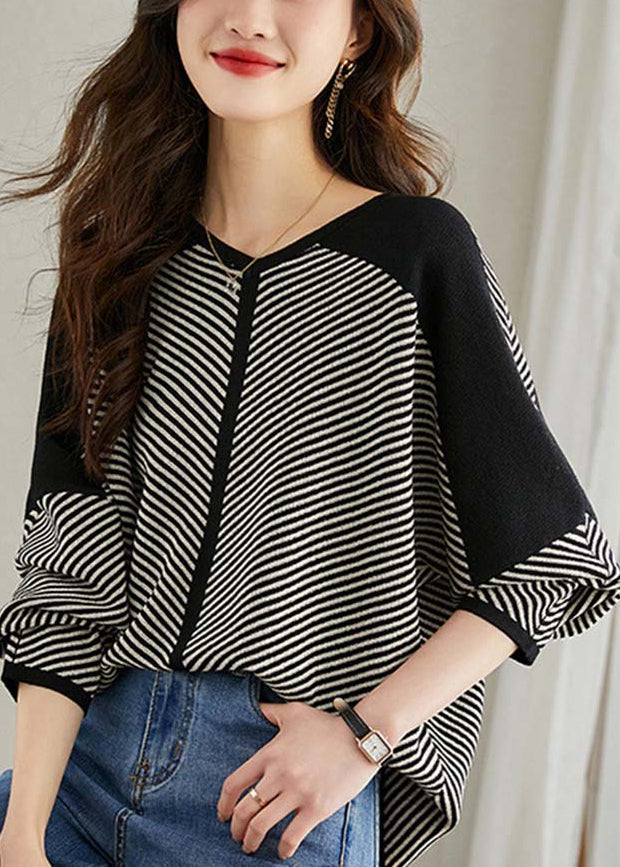 Loose Apricot Striped Patchwork Knit Sweaters V Neck Spring