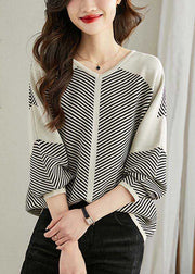 Loose Apricot Striped Patchwork Knit Sweaters V Neck Spring