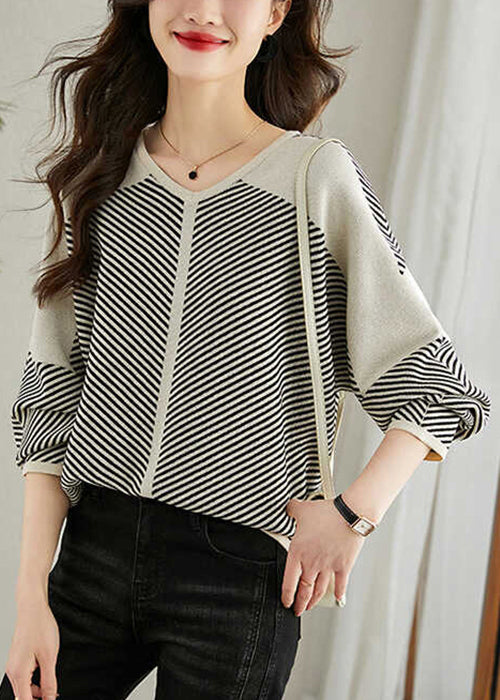 Loose Apricot Striped Patchwork Knit Sweaters V Neck Spring