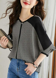 Loose Apricot Striped Patchwork Knit Sweaters V Neck Spring