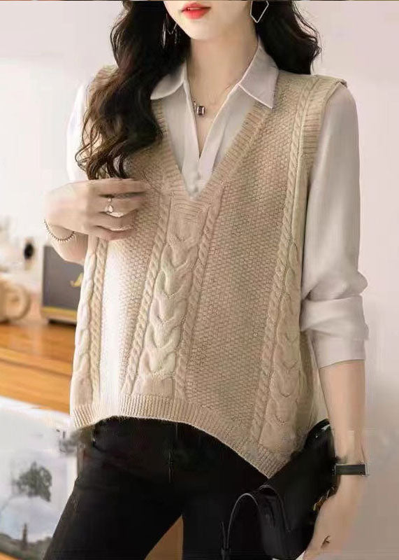 Loose Apricot V Neck Low High Design Knit Waistcoat Sleeveless