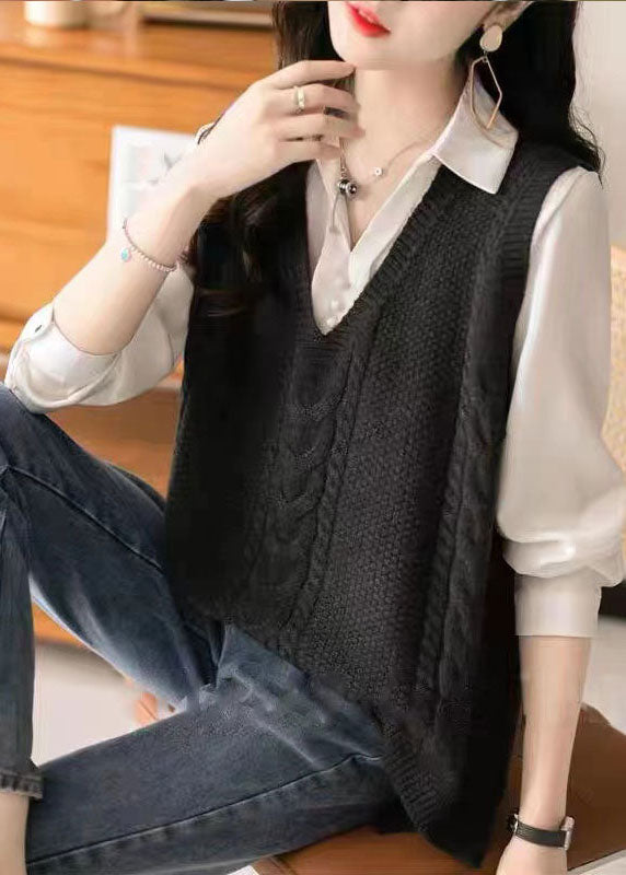 Loose Apricot V Neck Low High Design Knit Waistcoat Sleeveless