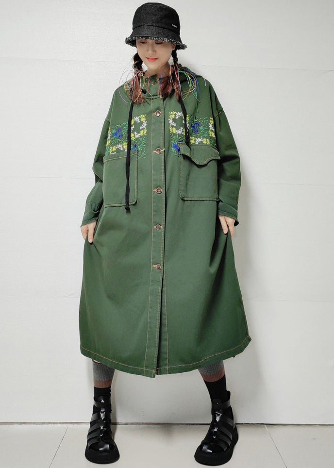 Loose Army Green Hooded Pockets Denim Long Trench Coat Fall