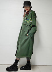 Loose Army Green Hooded Pockets Denim Long Trench Coat Fall