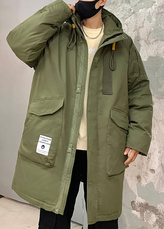 Loose Army Green Hooded Zippered Pockets Duck Down Men Down Coats Winter