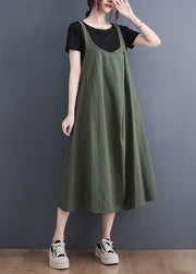 Loose Army Green O-Neck Patchwork Strap Dress Summer