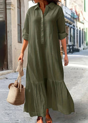 Loose Army Green Peter Pan Collar Button Cotton Shirts Dress Spring