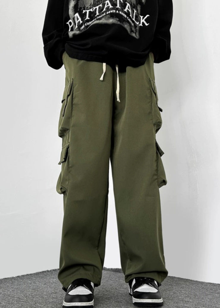 Loose Army Green Pockets Drawstring Cotton Mens Pants Casual Spring