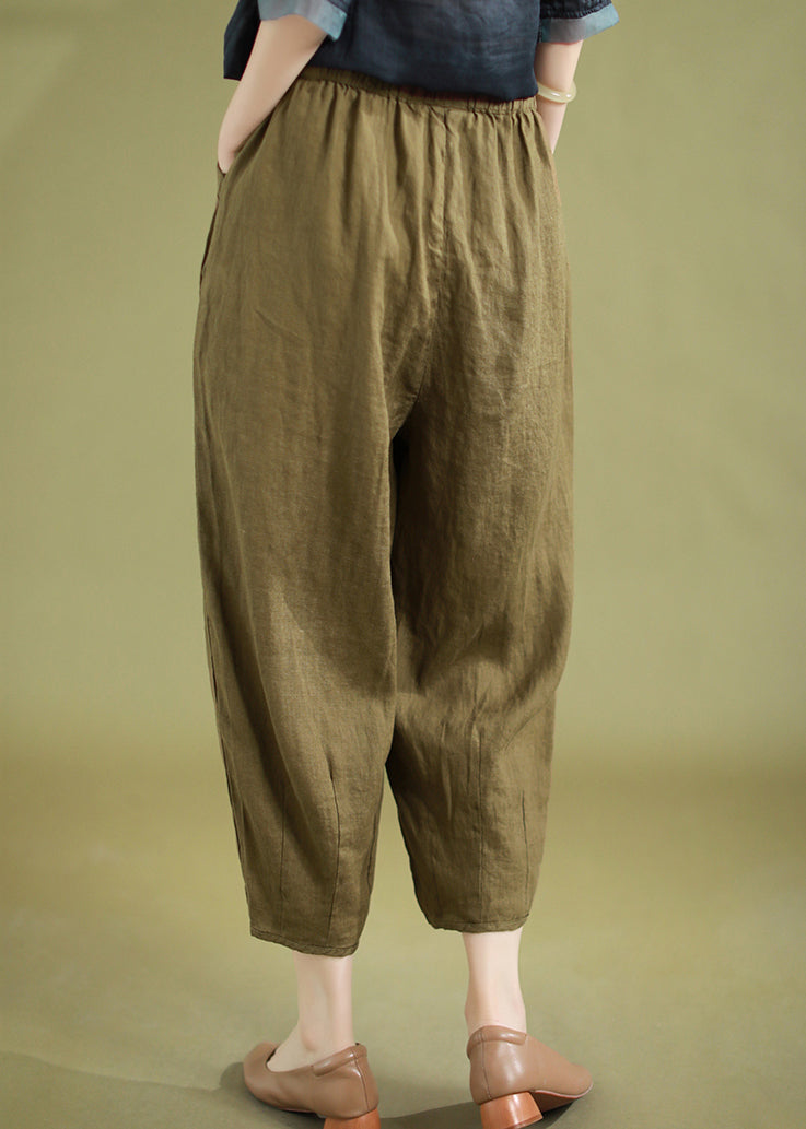 Loose Army Green Pockets High Waist Linen Crop Pants Summer