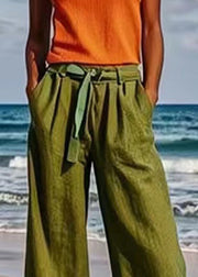Loose Army Green Pockets High Waist Sashes Straight Pants