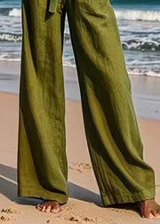 Loose Army Green Pockets High Waist Sashes Straight Pants
